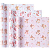 Bear Baby Shower Wrapping Paper - Mini Roll - 3 Rolls - 17 Inch X 120 Inch - Coquette Teddy Bear With Pink Ribbon Bow Wrapping Paper For Baby Shower, Girls Birthday