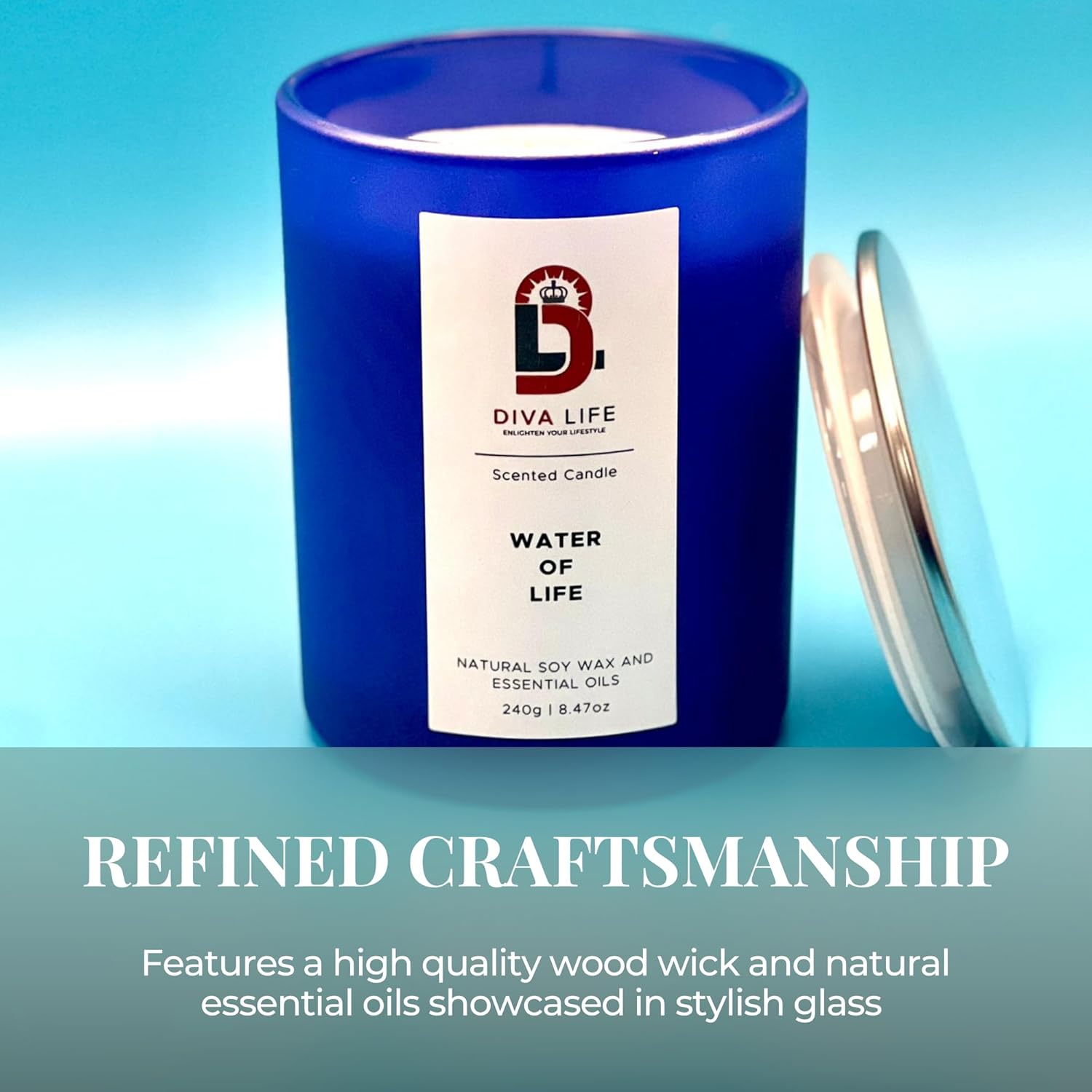 Water Of Life Glass Jar Candle – Handcrafted Wood Wick Soy Candles – Fresh Citrus & Herbal Scent Aromatherapy Candle – Smokeless & Long Lasting Aromatic Candles W/ 35 Hour Burn Time