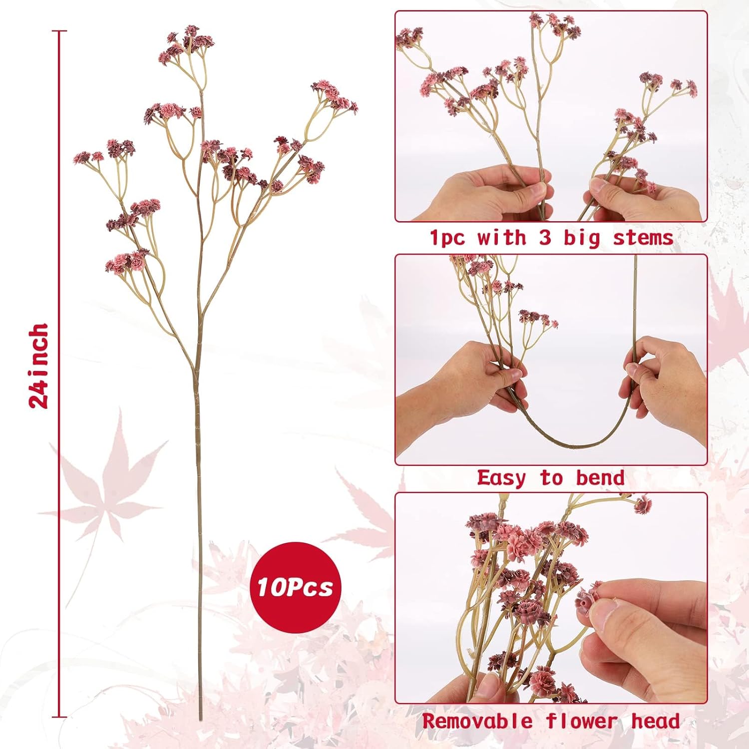 Baby Breath Flowers Artificial Bulk, 10Pcs Fake Gypsophila Plants Bouquets Flowers Real Touch Faux Babies Breath Arrangement For Home Wedding Party Vase Decoration Fall Pink