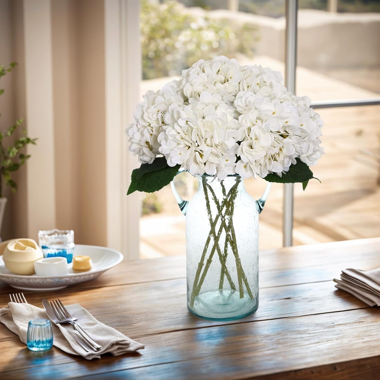6Pcs Faux White Hydrangeas Fake Flowers Artificial Silk Hydrangea Flower With Stems Bouquets Arrangement For Home Table Centerpieces Wedding Baby Shower Birthday Party Decoration(White)