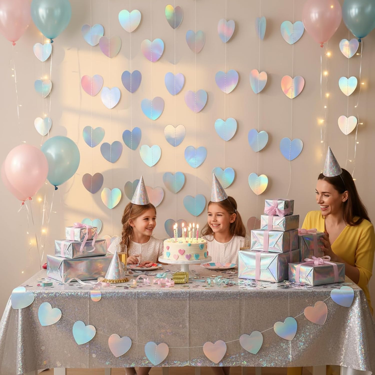52 Ft Love-Heart Garland, Love Hanging Streamers Banner Heart Streamers Holographic Paper Garland For Birthday Wedding Engagement Bridal Baby Shower Valentines Day Winter Christmas Decoration