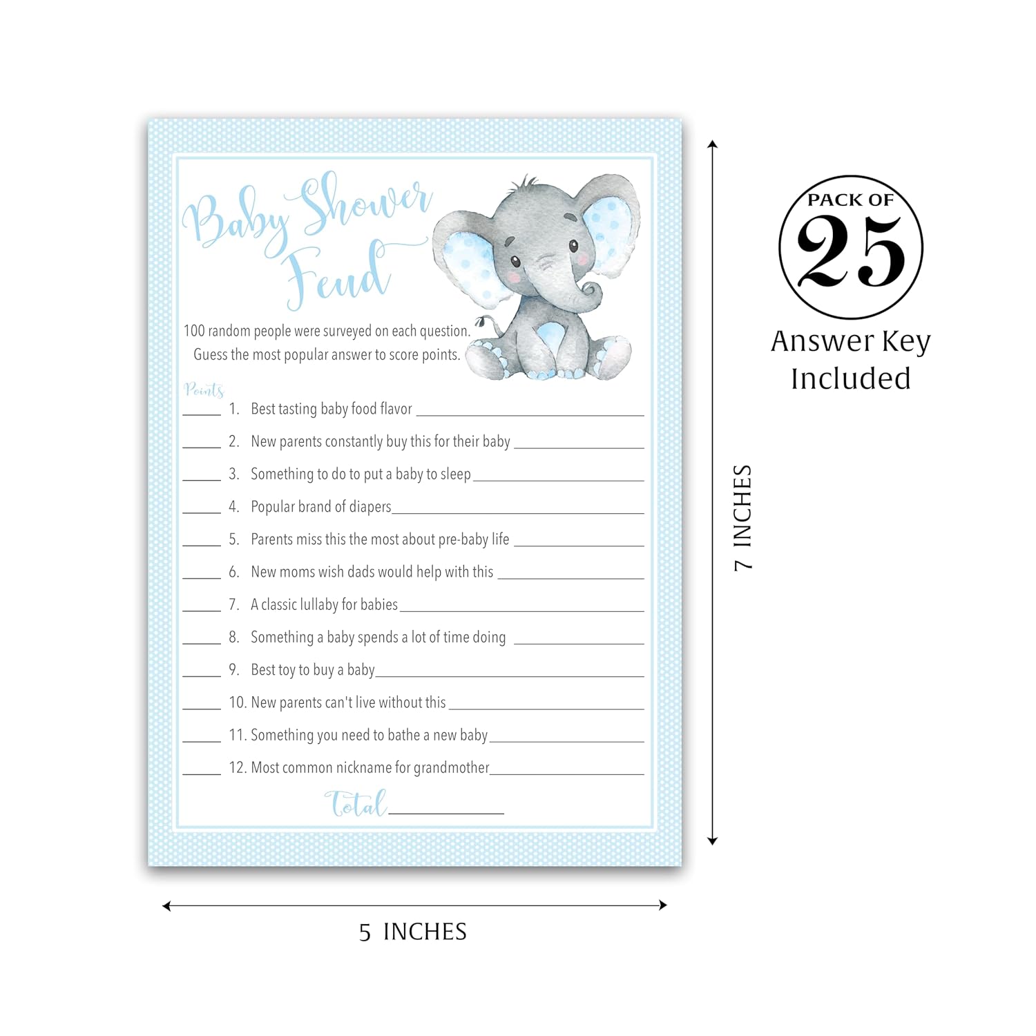 Boy Baby Shower Feud Game — Pack Of 25 — Fun Shower Family Feud Games, Blue Elephant Baby Shower Activity, Little Peanut Baby Shower Fued Games, Couples Shower G501-Bsf1