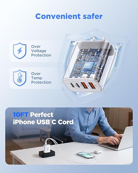 2 Pack 60W USB C Fast Charger with 10FT USB C Cable 4 Port Charger Block for iPhone 17 16 15 iPad AirPods