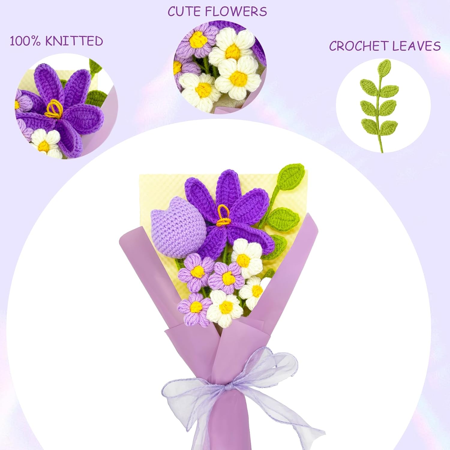 Crochet Flower Bouquet, Completed Knitted Artificial Flowers, Handmade Tulip Bouquet Ideal For Home Decor And Celebrations (Purple Tulip)