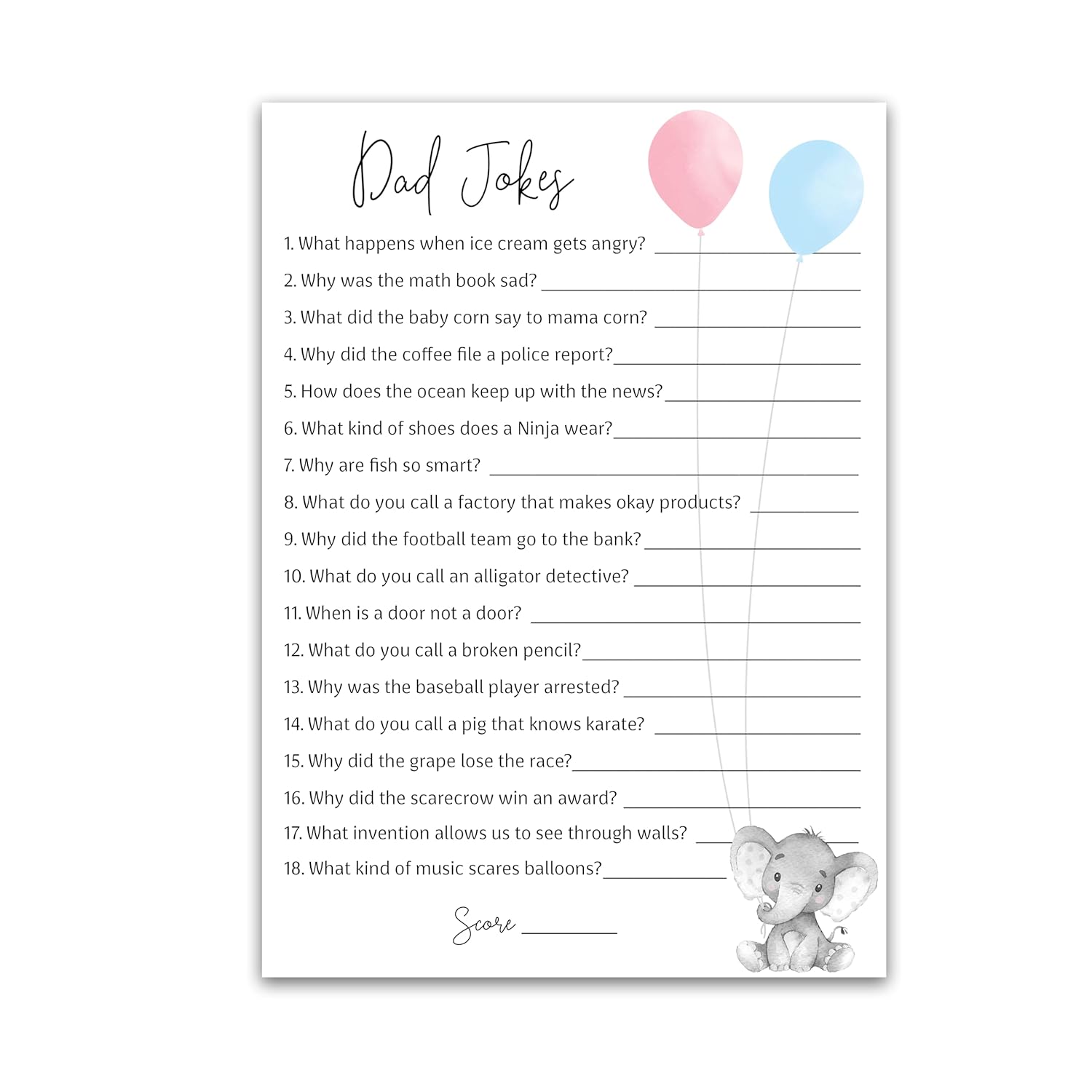 Dad Jokes Gender Reveal Party Game, Daddy Jokes Baby Shower Trivia Games — Pack Of 25 — Fun Dad Joke Game, Elephant Pink Or Blue, Funny Trivia, Baby Sprinkle, Co-Ed Couples Shower, Birthday G510-Djk