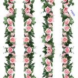 4Pcs(28.8 Ft,16 Flowers) Artificial Flower Garland With White Rose, Fake Vines Silk Flower Hanging Rose Garland For Wedding Floral Arch Garden Background Engagement Ceremony Reception Decor -Pink