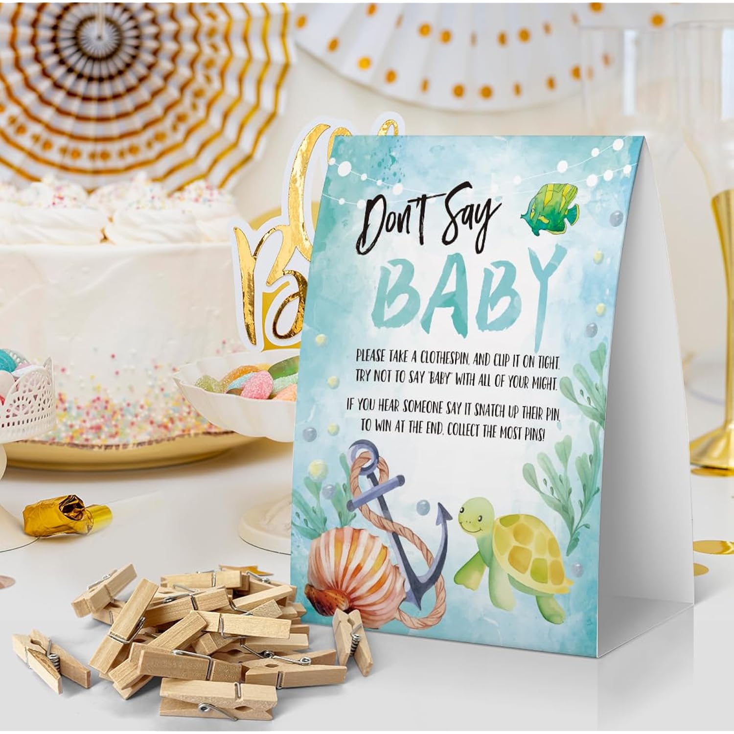 Don'T Say Baby Baby Shower Game, Ocean Baby Shower Decoration, Sea Turtle Don'T Say Baby Sign, Fun Baby Shower Games, Clothespins For Baby Shower-Dsba40
