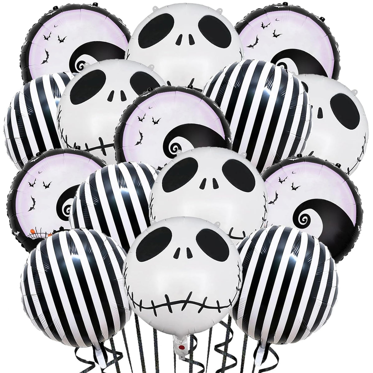 15 Pcs Halloween Party Balloons Skull Balloons Black And White Striped Skeletons Balloon Nightmare Skull Foil Balloons For Halloween Christmas Birthday Baby Shower Themed Party Decorations