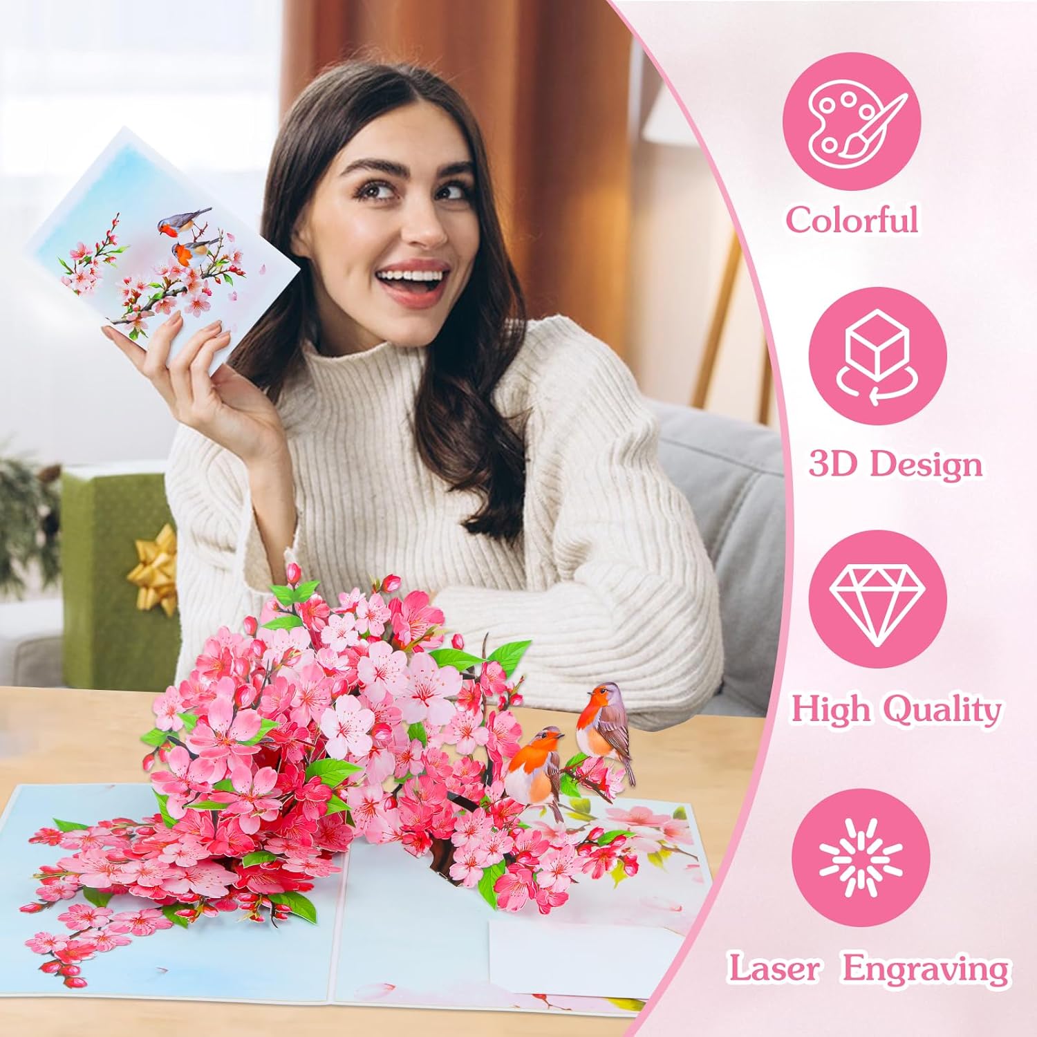 Pop Up Anniversary Card - 3D Cherry Blossom Robins Couple Pop Up Greeting Card With Envelope, Blank Insert, Romantic Valentine Wedding Birthday Gift For Her Him Couple Husband Wife