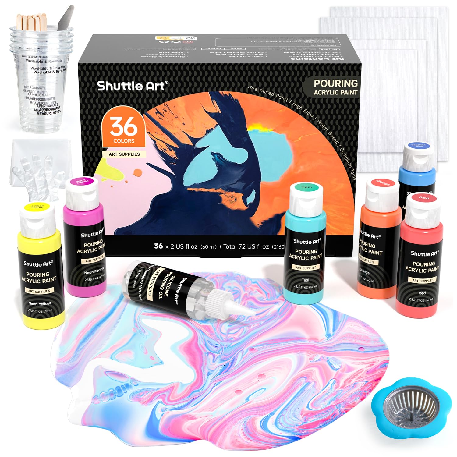 Acrylic Pouring Paint, Set Of 36 Bottles (2 Oz/60Ml) Pre-Mixed High-Flow Pouring Supplies With Canvas, Silicone Oil, Measuring Cups, Tablecloths, Complete Paint Pouring Kit