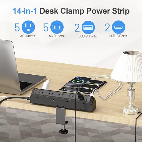 Desk Clamp Power Strip 10 Outlets 4 USB Ports PD20W USB C 6FT Surge Protector Black