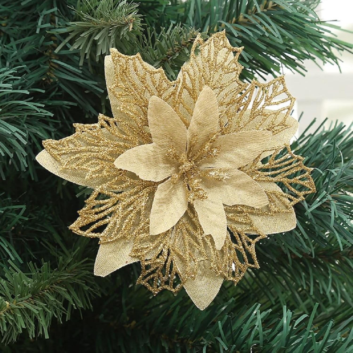 Poinsettia Flowers For Christmas Tree, 12 Pcs Glitter Christmas Flowers Artificial Poinsettia Flowers With Clips Stems Xmas Tree Ornaments For Christmas Party Wreath Decoration (Hollow Gold)