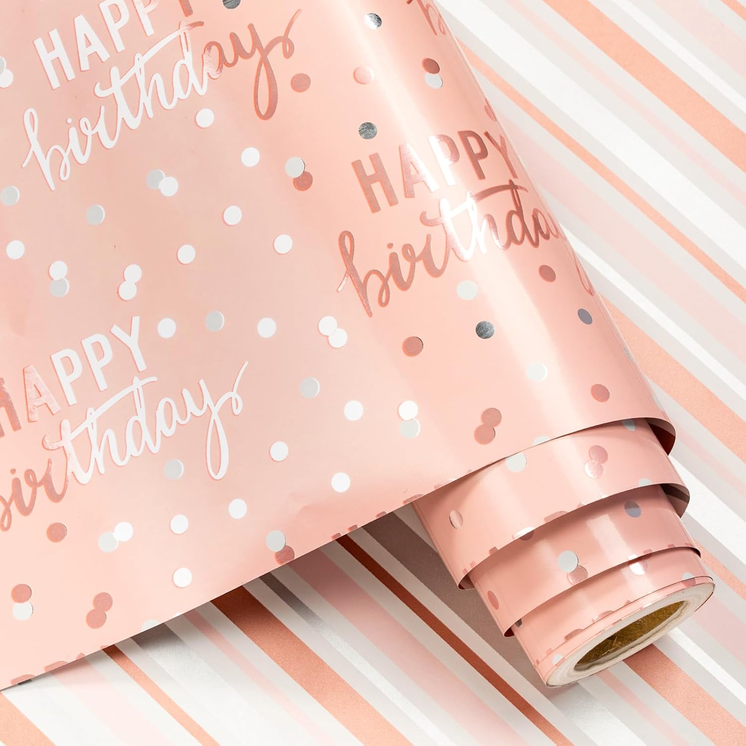Reversible Pink Birthday Wrapping Paper Roll For Girls Women, Happy Birthday Lettering & Stripe Pattern With Metallic Foil In Pink, Mini Roll, 17 Inches X 9.8 Feet