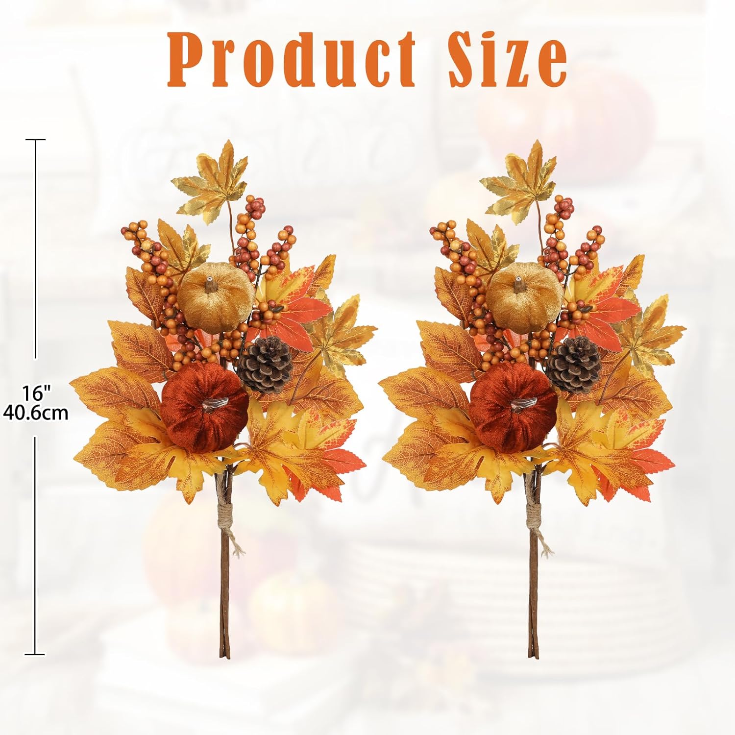 2Pack 16In Fall Picks And Sprays With Velvet Pumpkins Pinecones Berries Maple Leaves Artificial Fall Floral Branches Stems For Vases Autumn Table Centerpieces Seasonal Home Decor