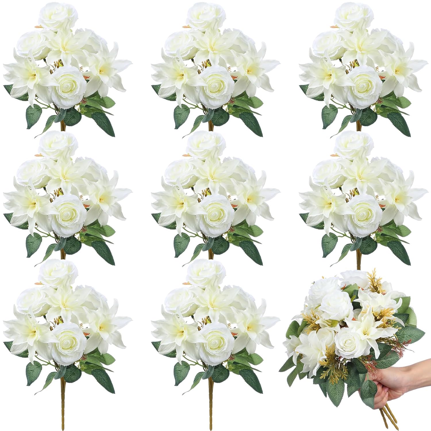 8 Bundles White Artificial Lily Rose Flowers Wedding Flower Bouquet Realistic Silk Flowers Faux Lily And Rose For Wedding Centerpieces Flower Arrangement Home Decor