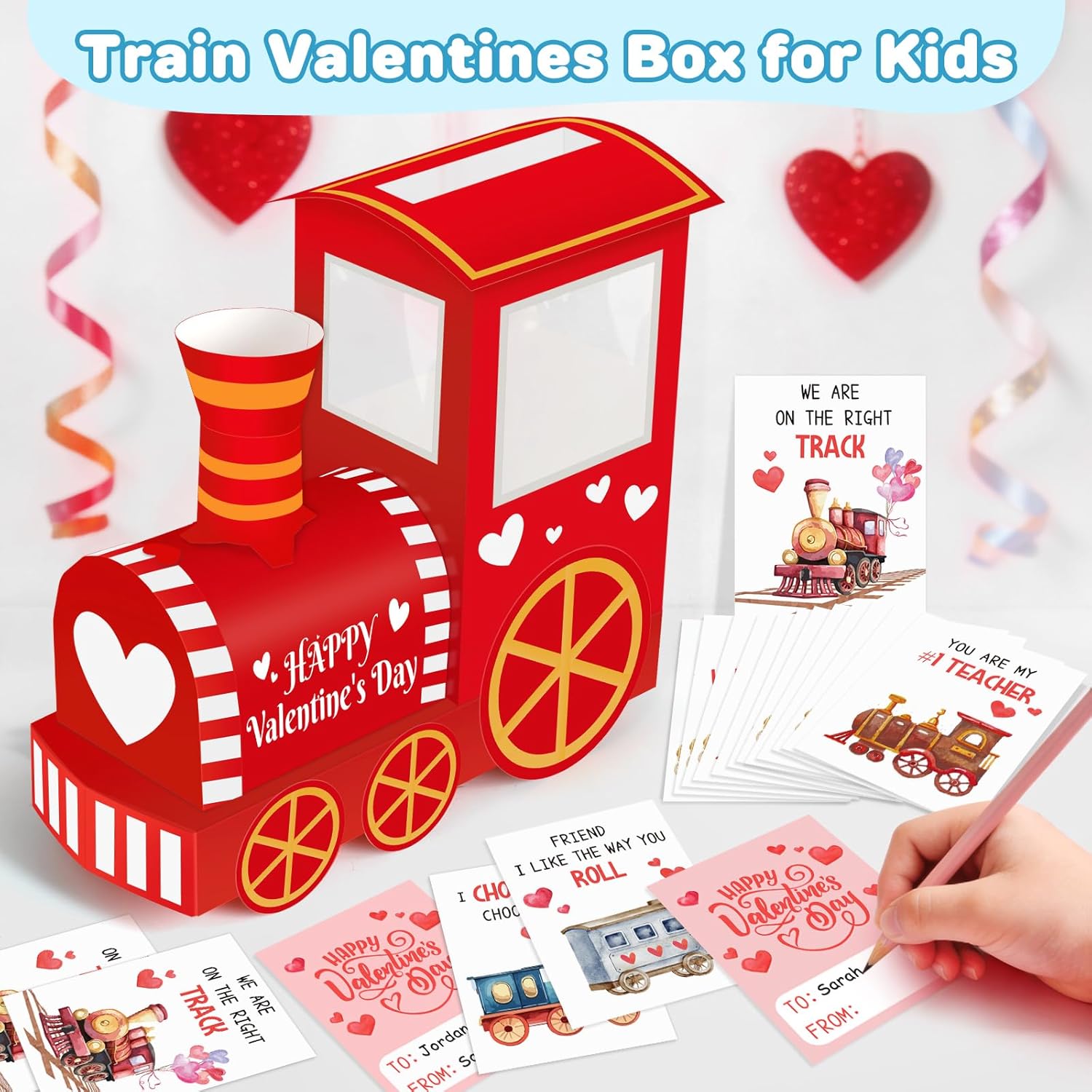 Train Valentines Day Box And Cards For Kids Classroom School Exchange, Great Valentines Gifts Party Favors For Boys Girls (1 Cute Train Box, 32 Valentine Cards, 1 Teacher Card)