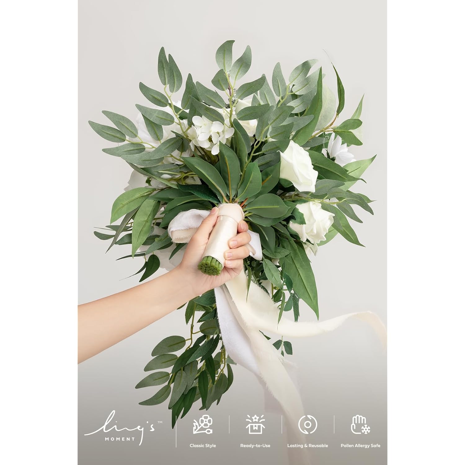 White Bridal Bouquet Cascading, Ivory Wedding Bouquets For Bride, 15 Inch Bride Bouquets For Wedding Artificial Flowers Bouquets