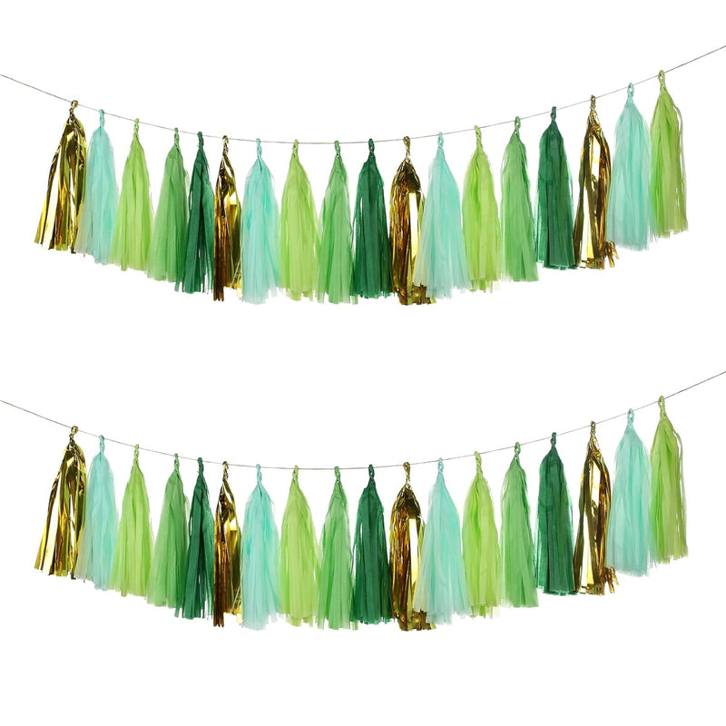 25 Pcs Green Gold Mylar Tassels Garland Tissue Paper Tassels Banner Di