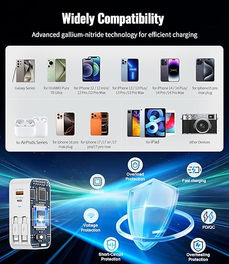 40W 4 in 1 Retractable Wall Charger with Dual Cables USB C Fast Charging Block for iPhone 17 16 Samsung Galaxy Pixel