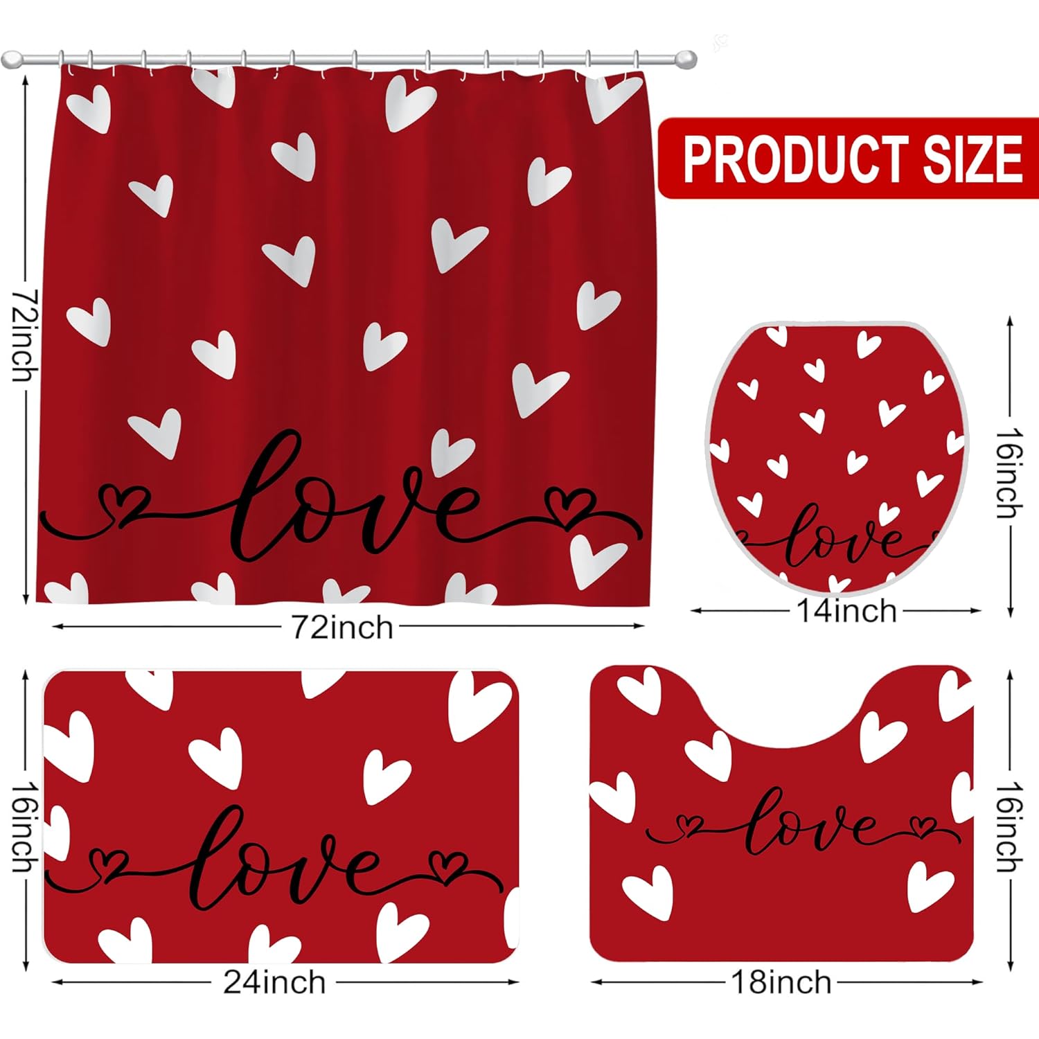 Valentines Day Shower Curtain Set For Bathroom, Red Love Heart Shape Red Bathroom Supplies For Valentines Accessories Decor Set, Non Slip Rugs Toilet Lid Cover U Shape Bath Mat And 12 Hooks