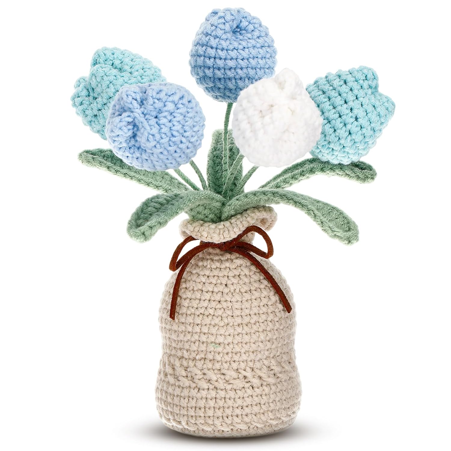 Crochet Knitting Tulip Bouquet With Vase 7" Knitted Artificial Forever Tulip Handmade Woven Flower With Exquisite Pot Gift For Valentine'S Day Back To School Gift Family Home Desk Decor(Blue)