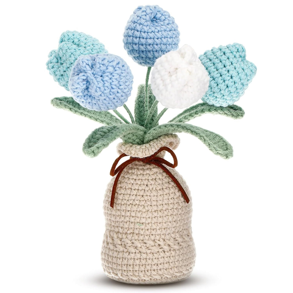 Crochet Knitting Tulip Bouquet With Vase 7" Knitted Artificial Forever Tulip Handmade Woven Flower With Exquisite Pot Gift For Valentine'S Day Back To School Gift Family Home Desk Decor(Blue)