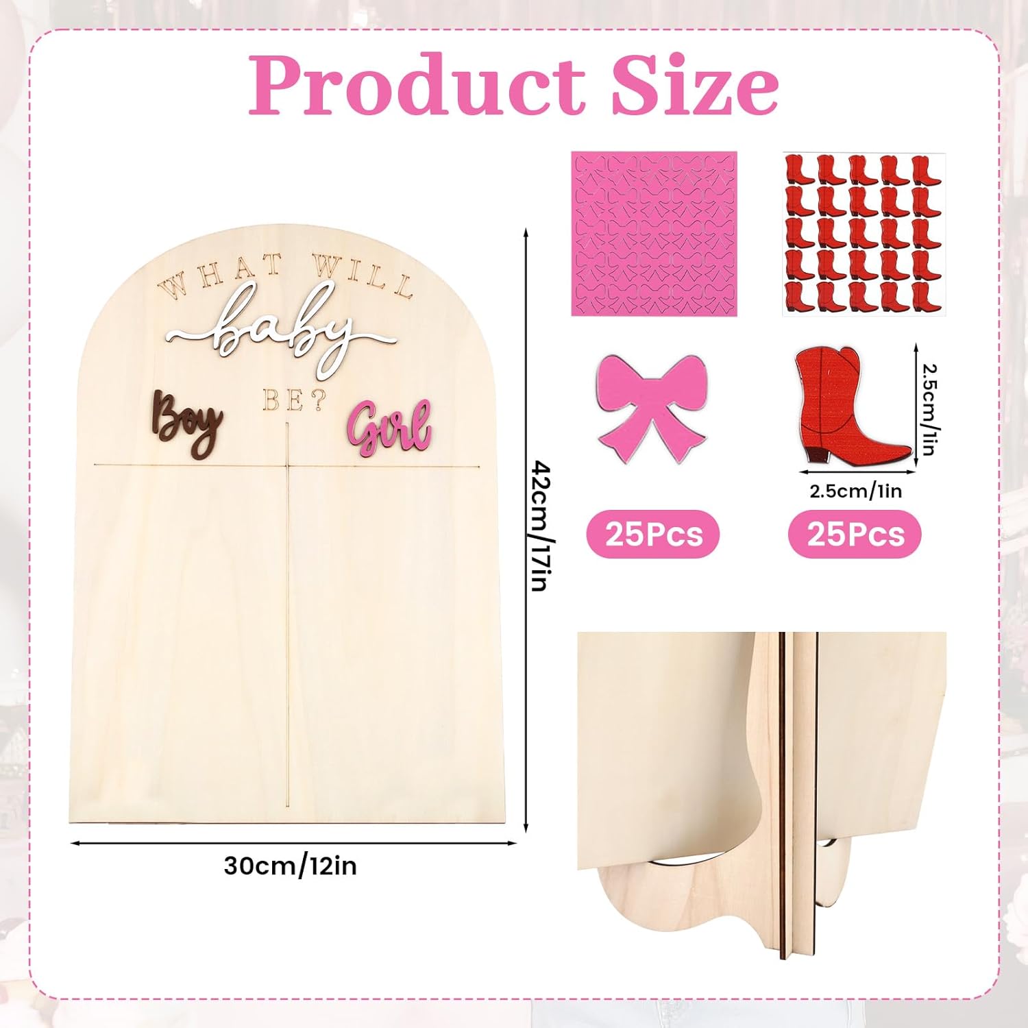 Gender Reveal Voting Board, Boy Or Girl Gender Reveal Decorations, Baby Shower Games - He Or She What Will Baby Be Guessing Game Wooden Board With Stand And Boots Or Bows Gender Reveal Decorations