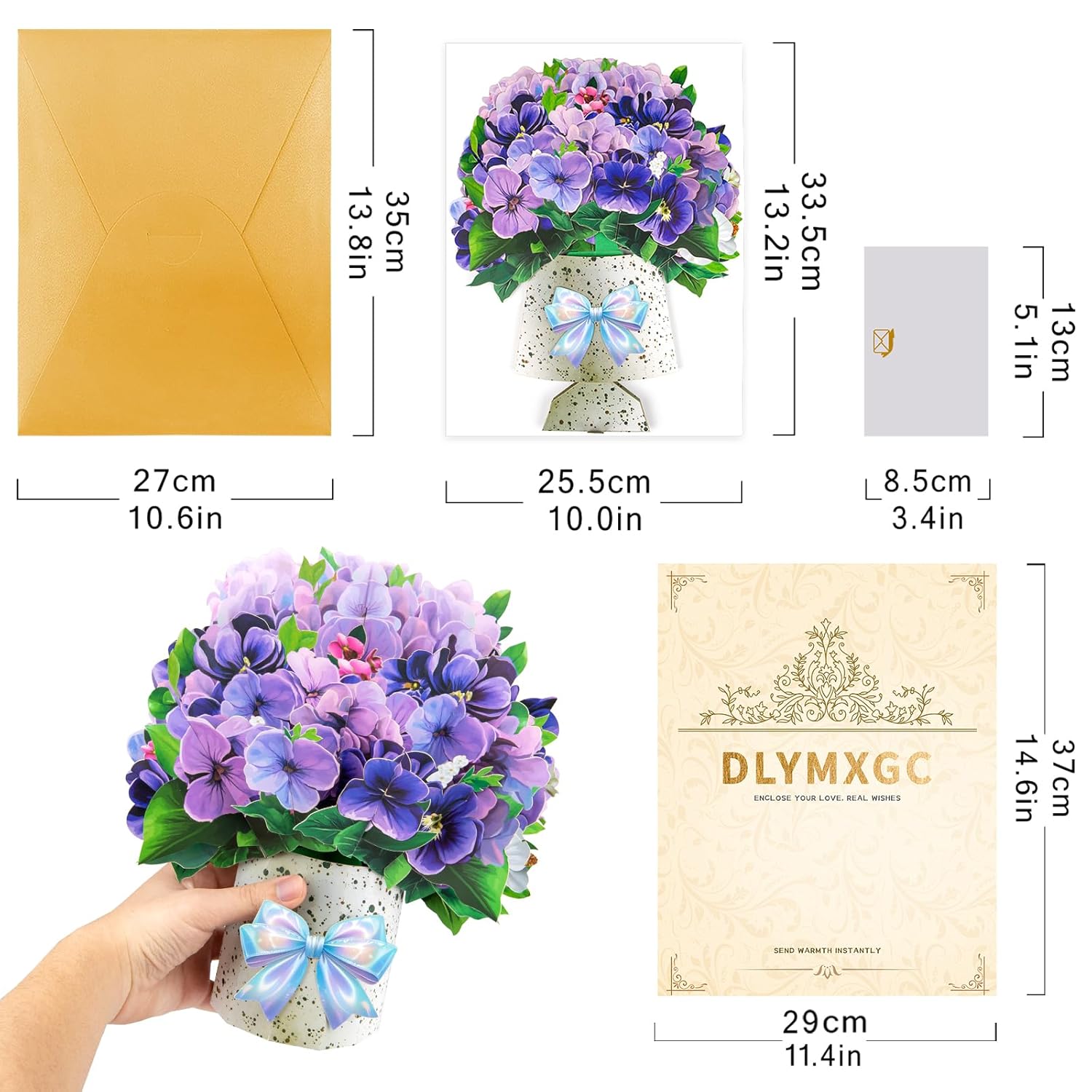 Violet Big Pop Up 13 Inch Paper Flower Bouquet Greeting Cards With Blank Note & Envelope, Ideal Gift For Celebrating Love, Holiday, Birthday, Anniversary, Mother'S Day, Housewarming
