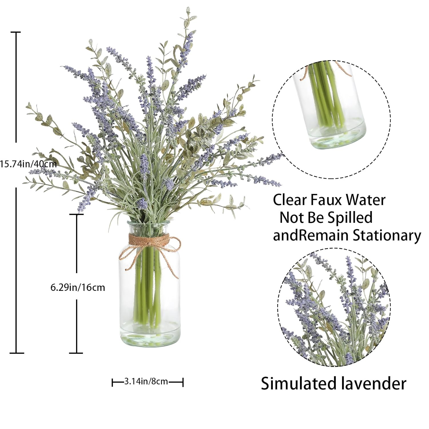 Artificial Lavender Stems In Glass Vase With Faux Water,15" Artificial Plants Eucalyptus Leaves For Shelf Desk Bathroom Farmhouse Room Coffee Table Home Decor