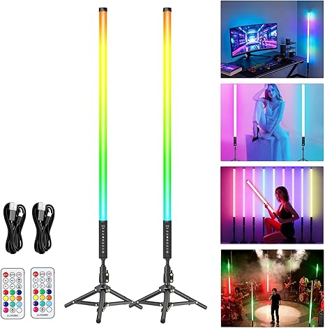 2 Pack 3FT RGB Tube Light Bars with Stands 5000mAh Battery Remote Control DJ Photography Lights