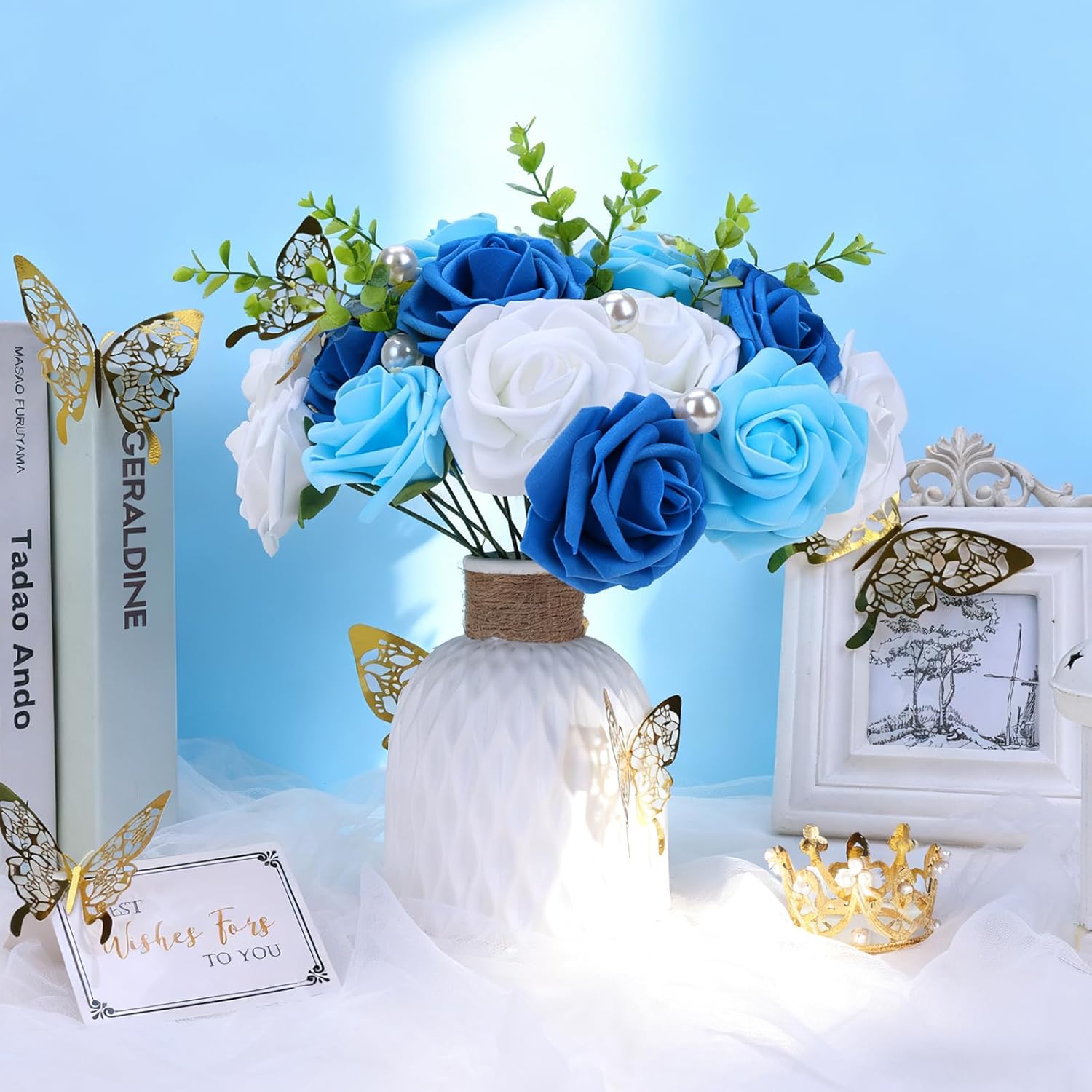 Valentine'S Day Roses Bouquet Kit, Artificial Blue Rose Bouquet Everlasting Flowers Fake Bouquet For Valentines, Anniversary, Engagement, Wedding, Halloween, 24 Roses