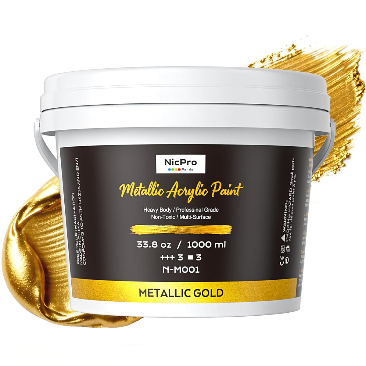 Metallic Gold Acrylic Paint, 33.8Oz/1000Ml Large Heavy Body Gold Acrylic Paint, Non Toxic, Non Fading, Rich Pigment Gold Leaf Paint For Metal, Wood, Canvas, Furniture, Handcrafts, Diy Decor