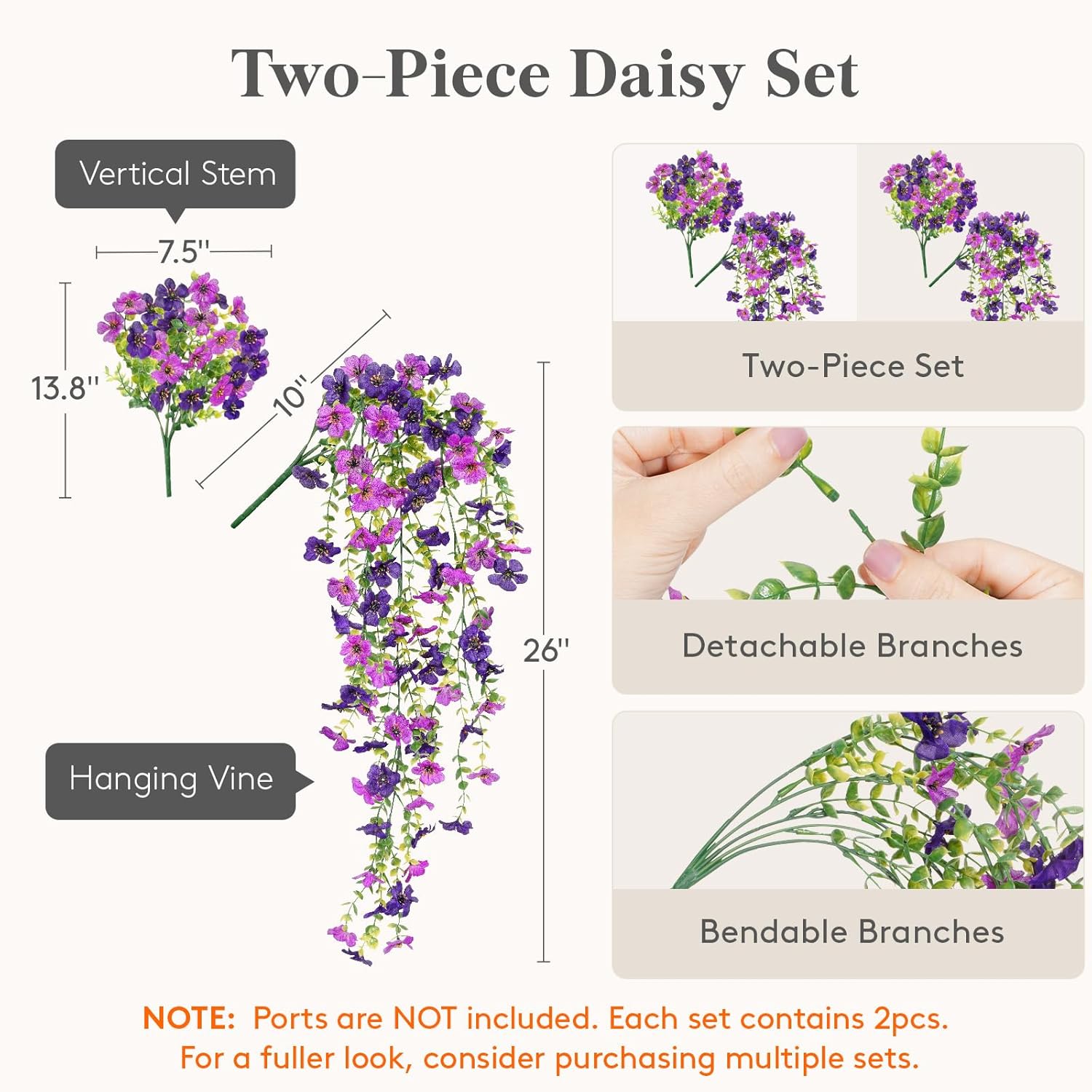 Artificial Hanging Daisy Flowers, Uv Resistant Plastic Fake Flowers For Outdoor Indoor Garden Porch Patio Balcony Decor, 2 Upright Stems + 2 Hanging Vines Combo, Double Purple