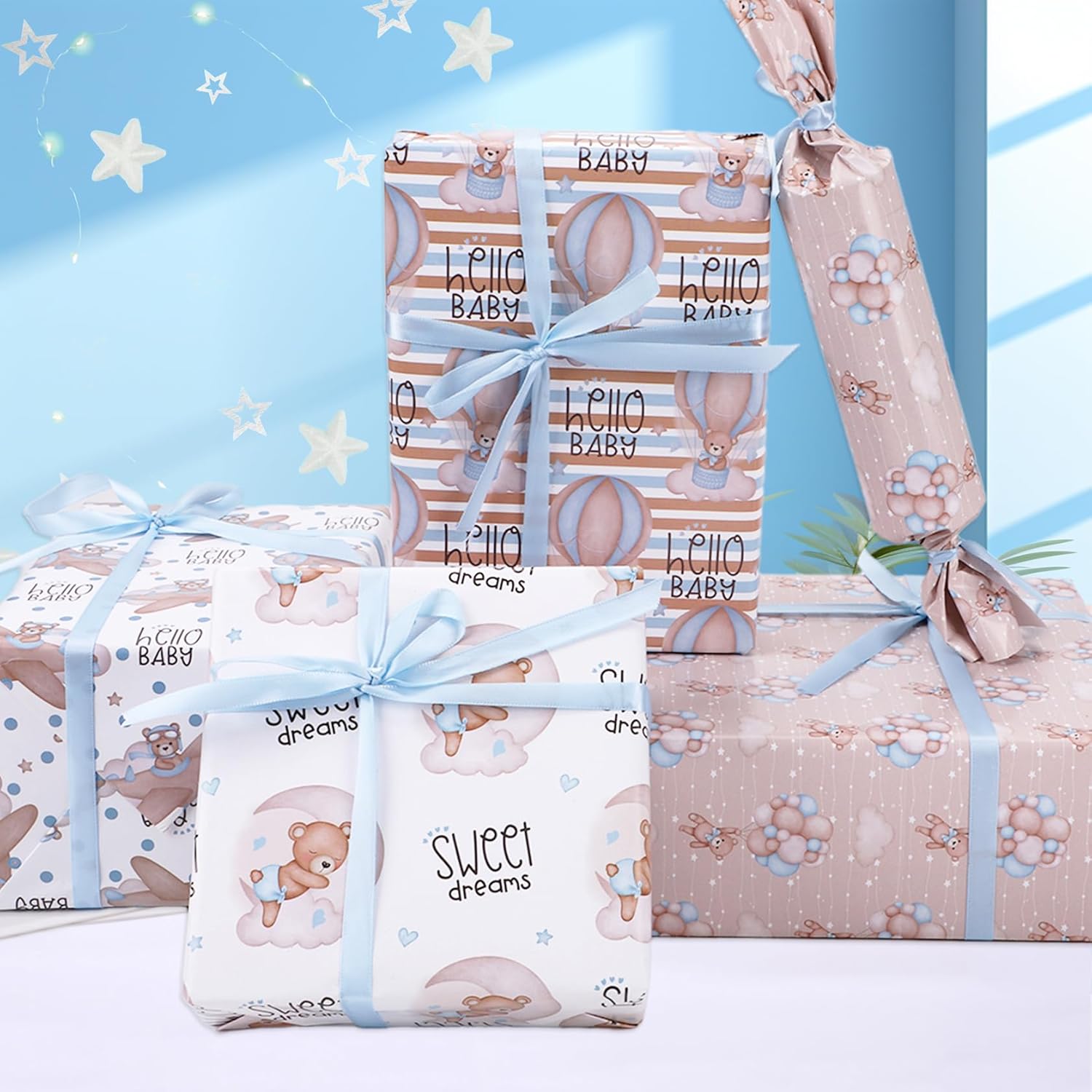 12 Sheets Teddy Bear Wrapping Paper For Baby Boy Infant - 19.7” X 27.6” Blue Bear Gift Wrap Paper In Moon Star Hot Air Balloon Patterns For Baby Shower, New Baby Birth, Baptism, Birthday Party