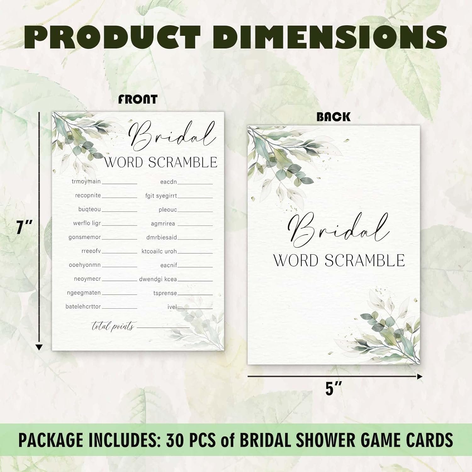 Wedding Shower Game Cards, 30 Greenery Bridal Word Scramble Cards & 1 Answer Card For Bachelorette Engagement Party Reception Supplies Decor- B08