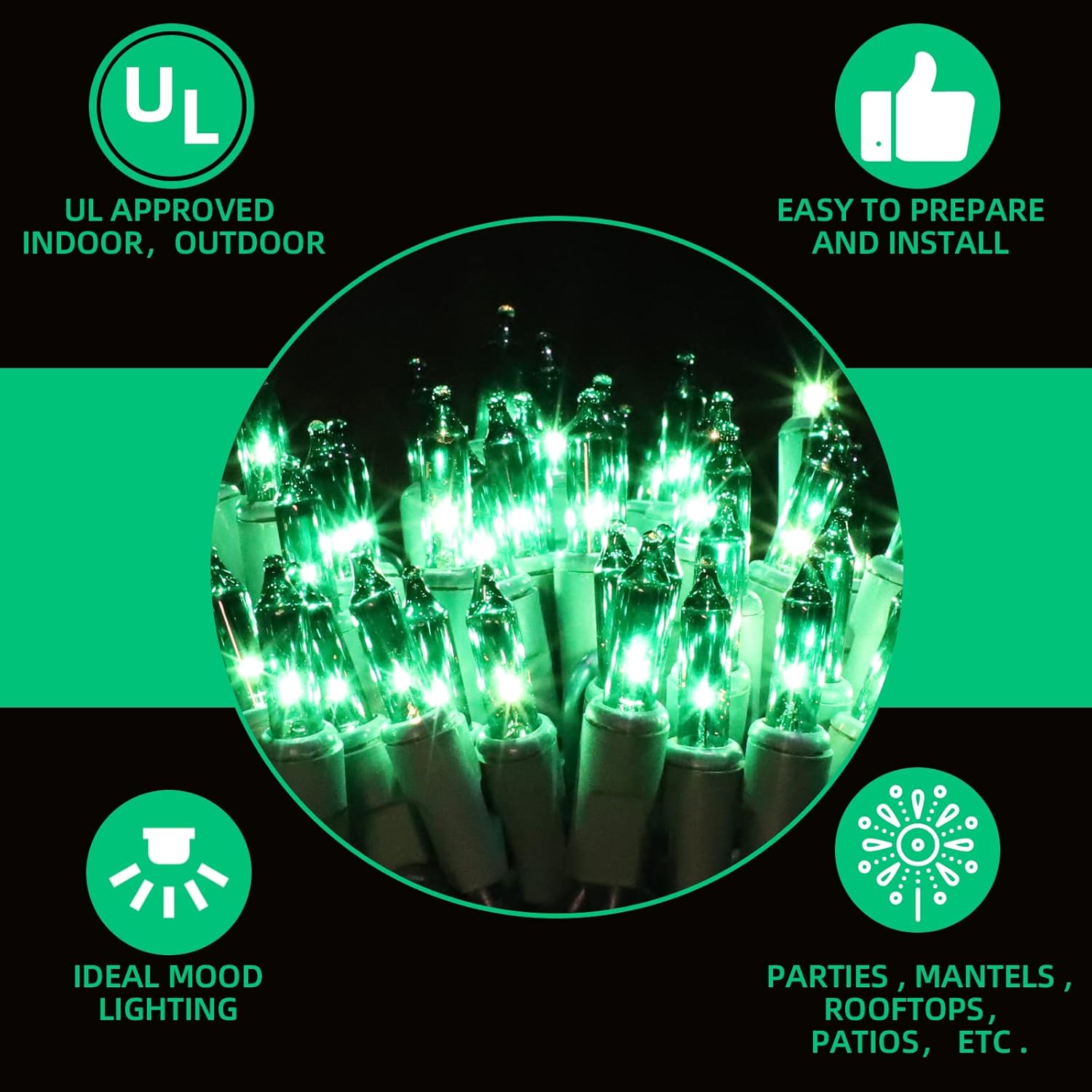 63.8Ft Green Wire Green String Lights, 300 Count (150L*2Pcs) Incandescent Christmas Lights