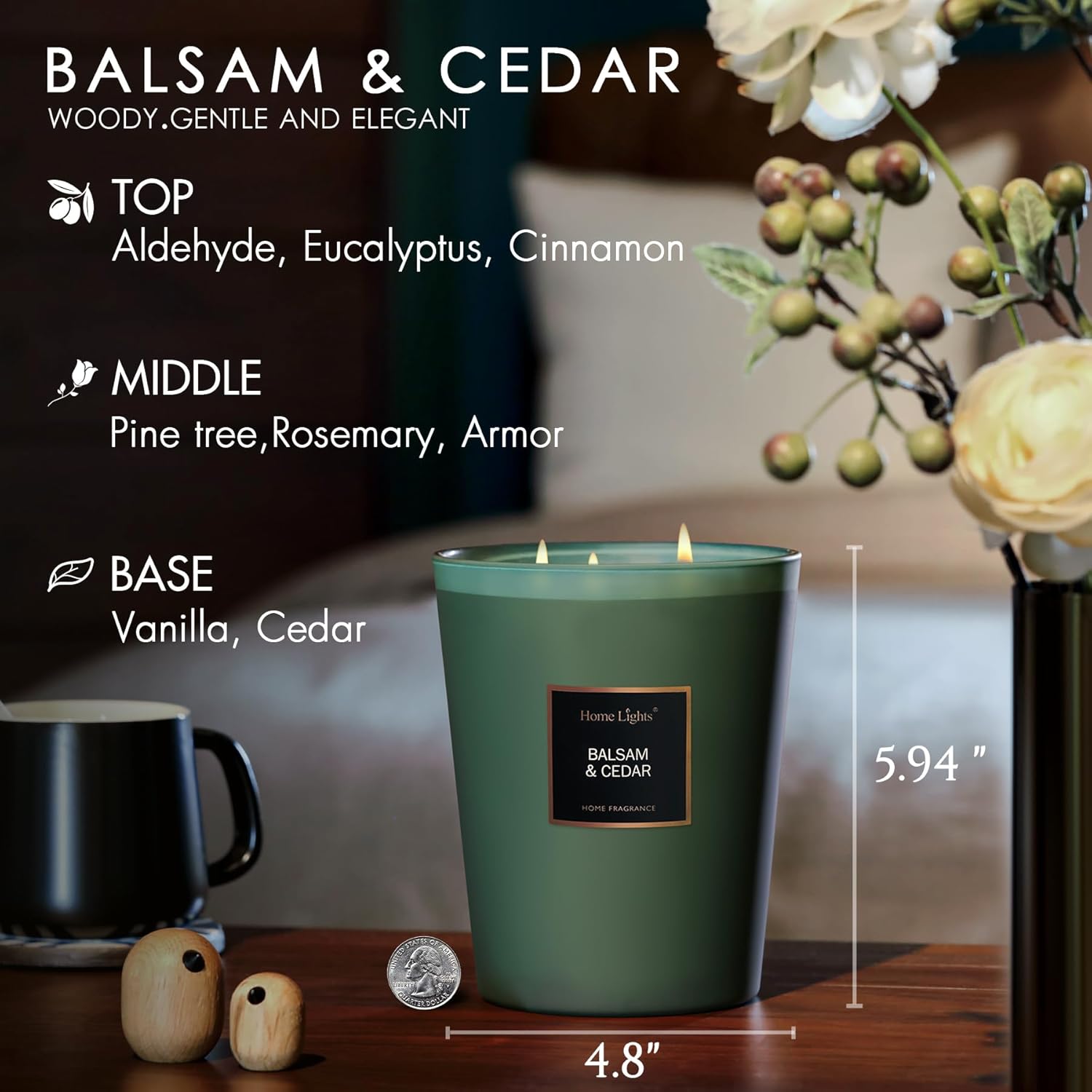 Homelights Highly Scented Soy Candles Big 33.3 Oz For Home. 3 Cotton Wicks, Smokeless Long Lasting 130 Hrs In Balsam & Cedar. 5X6, Great Gift For Women & Men