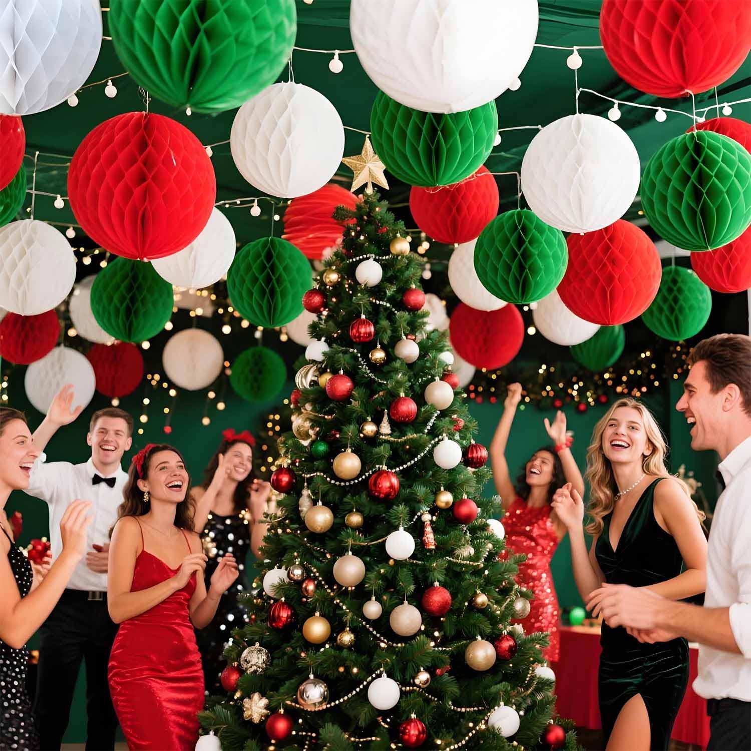 Red White And Green Paper Honeycomb Flower Balls-12 Pcs 6" 10" Tissue Pompoms Suitable For Birthdays Graduation Weddings And Christmas Theme Party Decoration