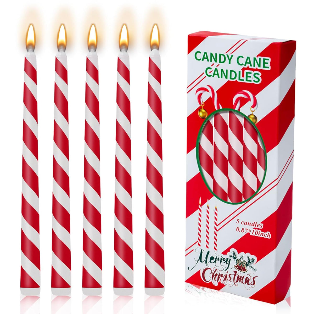 5 Pcs Christmas Taper Candles,10Inch Tall Candy Cane Red And White Stripe Candles Advent Candles Set Of 5 Dripless Advent Wreath Candle For Xmas Party Home Decor (Red White)