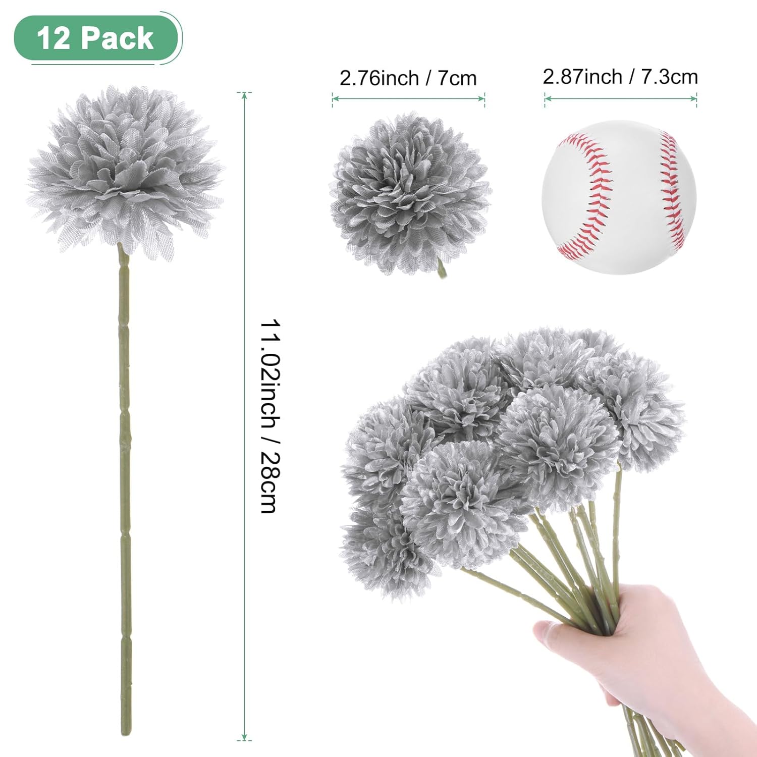 12-Pack Artificial Chrysanthemum Ball Flowers, 11 Inch Faux Chrysanthemum Silk Bouquets Real Touch Faux Flowers For Home/Wedding/Christmas/Party[Silver]