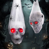 Halloween Decorations Outdoor Indoor 2PCS Hanging Skull with Light up Eyes Spider Web Scary Haunted House Decor Halloween Party Decor Graveyard Decoration