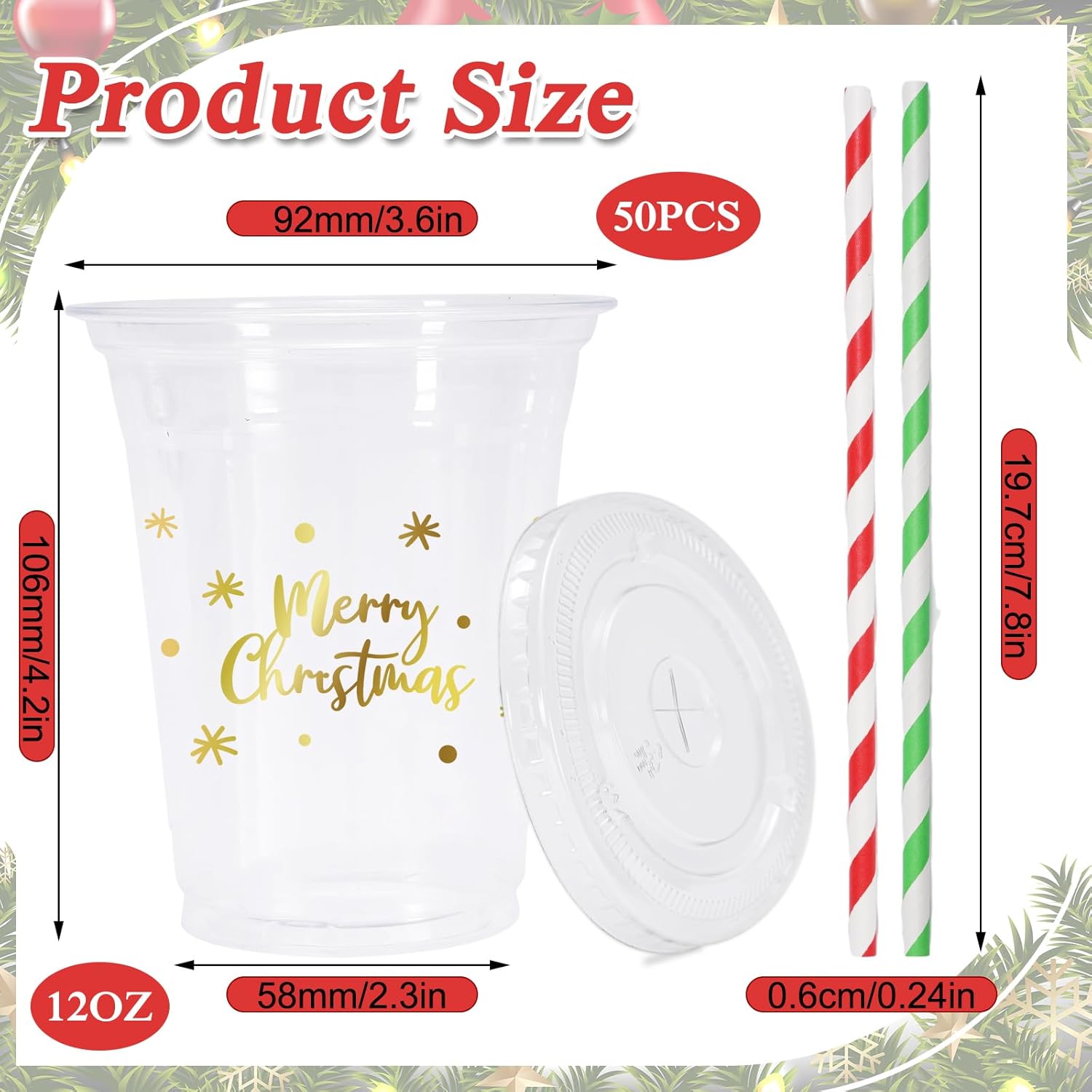50 Pack 12Oz Christmas Disposable Cups With Lids Straws Gold Merry Christmas Plastic Glasses Cups Covers Red Green Straws For Xmas Winter Holiday Drinks Party Supplies