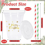 50 Pack 12Oz Christmas Disposable Cups With Lids Straws Gold Merry Christmas Plastic Glasses Cups Covers Red Green Straws For Xmas Winter Holiday Drinks Party Supplies