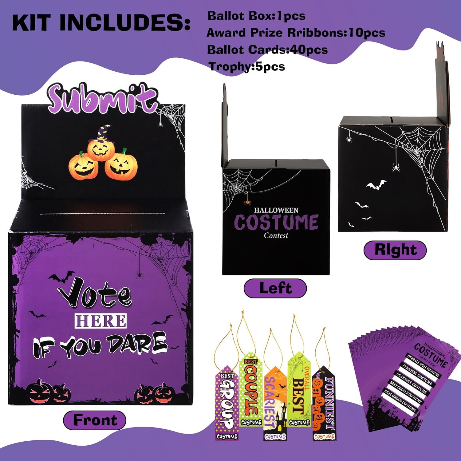 Halloween Costume Contest Ballot Box And 40 Voting Cards, 10 Award Prize Ribbons Fun Decorations, Halloween Party Supplies For Home Indoor Office And Party Games (Purple)