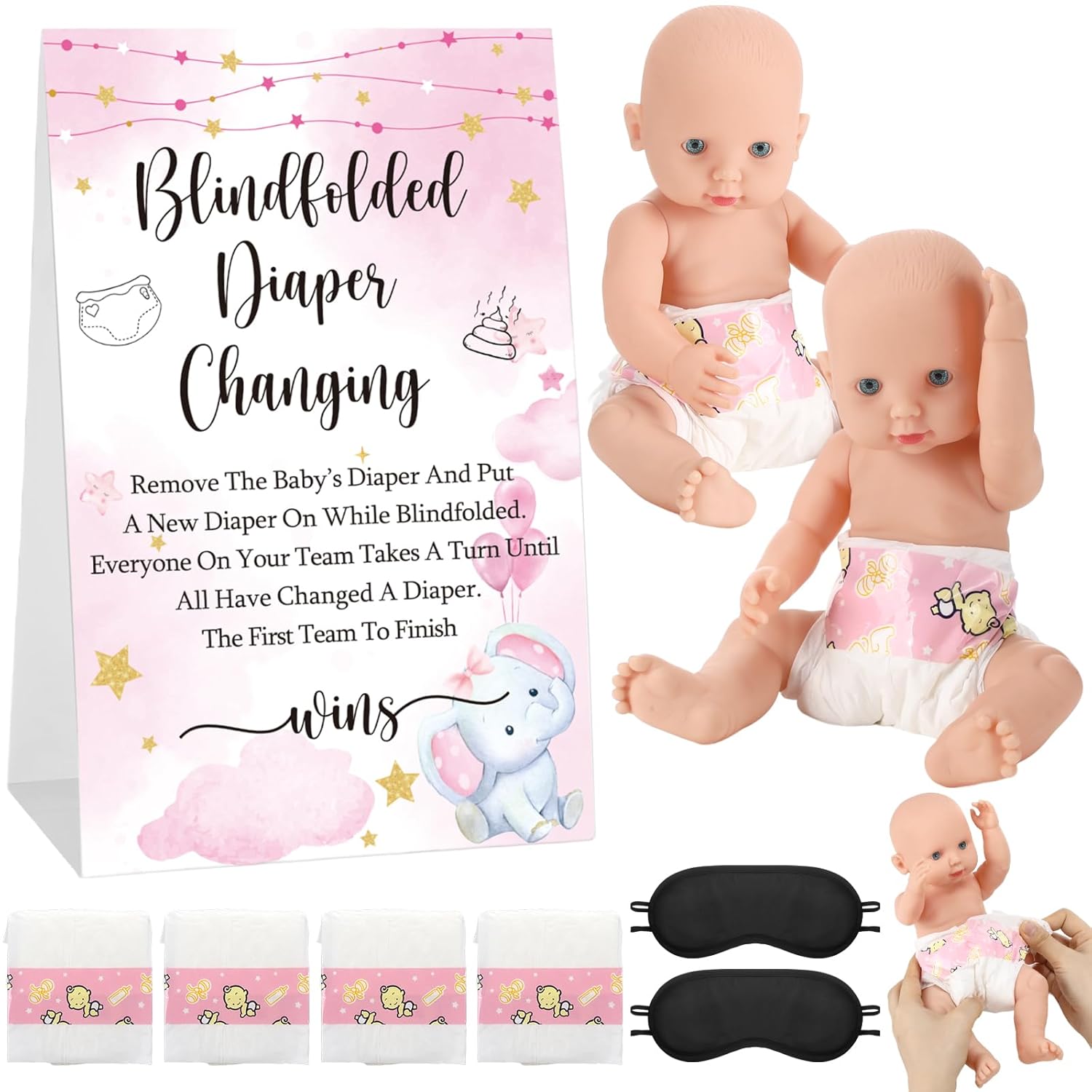 9 Pcs Baby Shower Game Supplies For Blindfold Diaper Changing With Dolls, Blindfolds, And Diapers - Changing Race Game Set (Elephant, Pink)