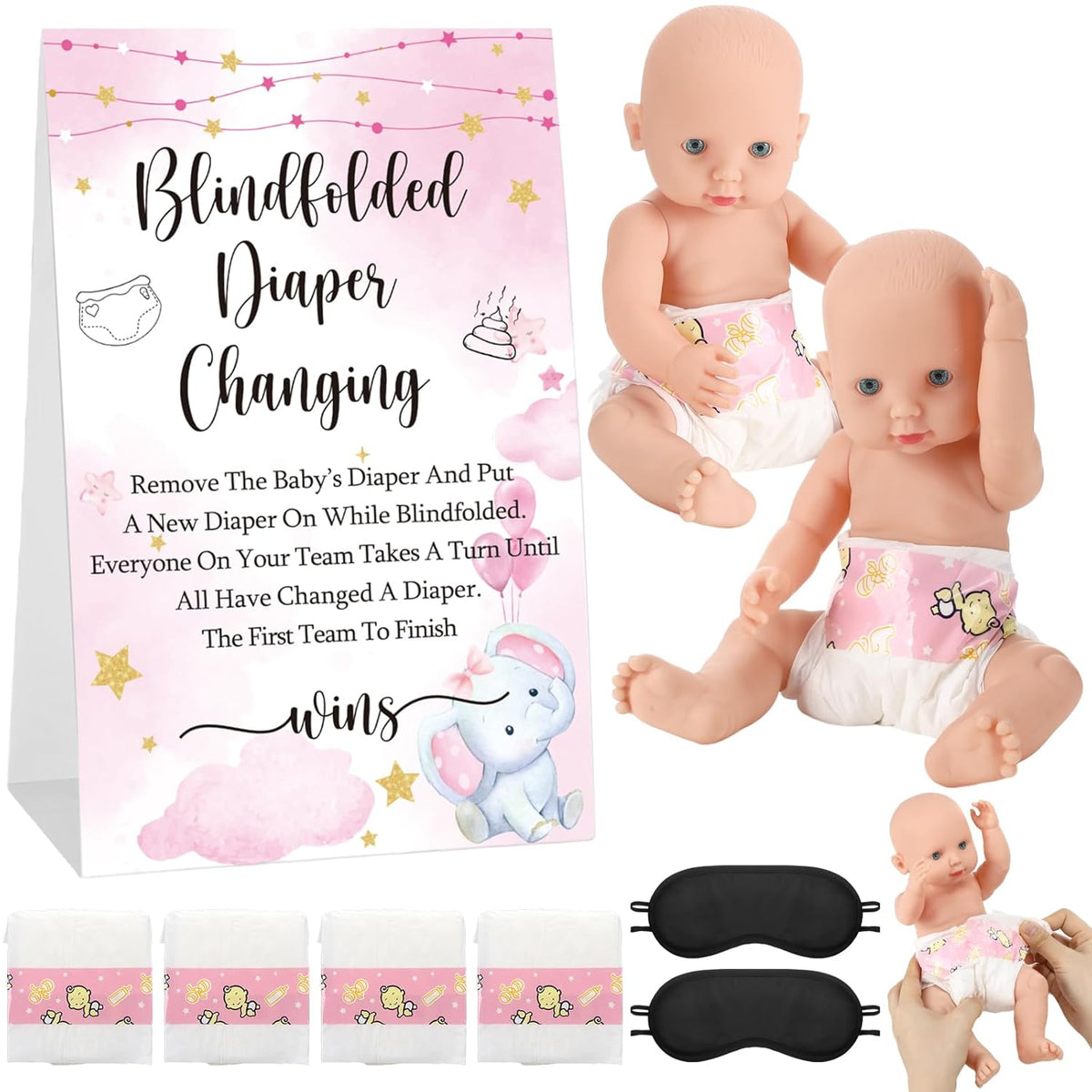 9 Pcs Baby Shower Game Supplies For Blindfold Diaper Changing With Dolls, Blindfolds, And Diapers - Changing Race Game Set (Elephant, Pink)