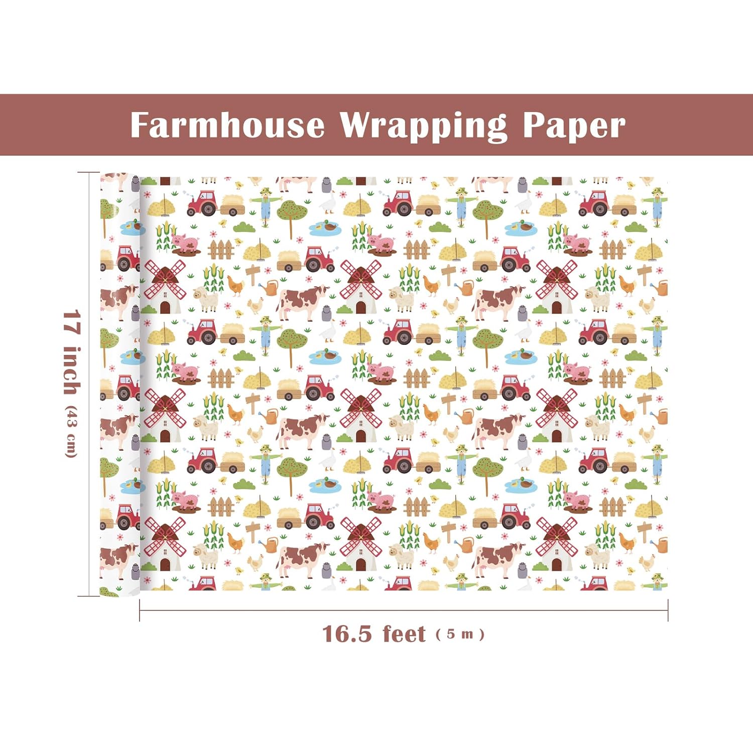 Farmhouse Wrapping Paper Roll - Mini Roll - 17 Inch X 16.5 Feet - Farm Animal Wrapping Paper For Birthday, Baby Shower, Country Present Wrapping
