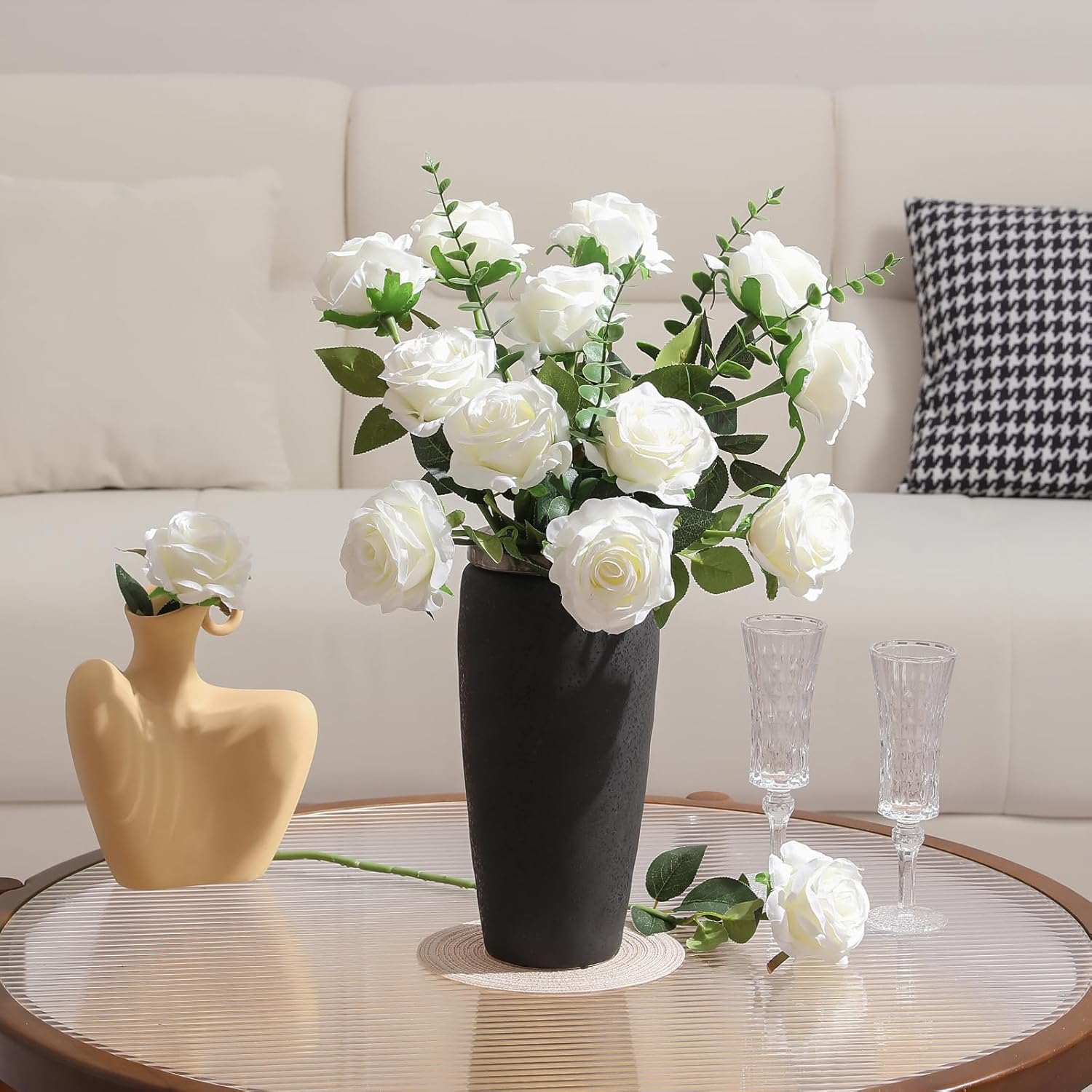 50Pcs Roses Artificial Flowers Bulk,Realistic Long Stem Fake Silk Roses For Wedding Centerpiece Table Vases Party Home Kitchen Diy Bouquets Decor?Off White?