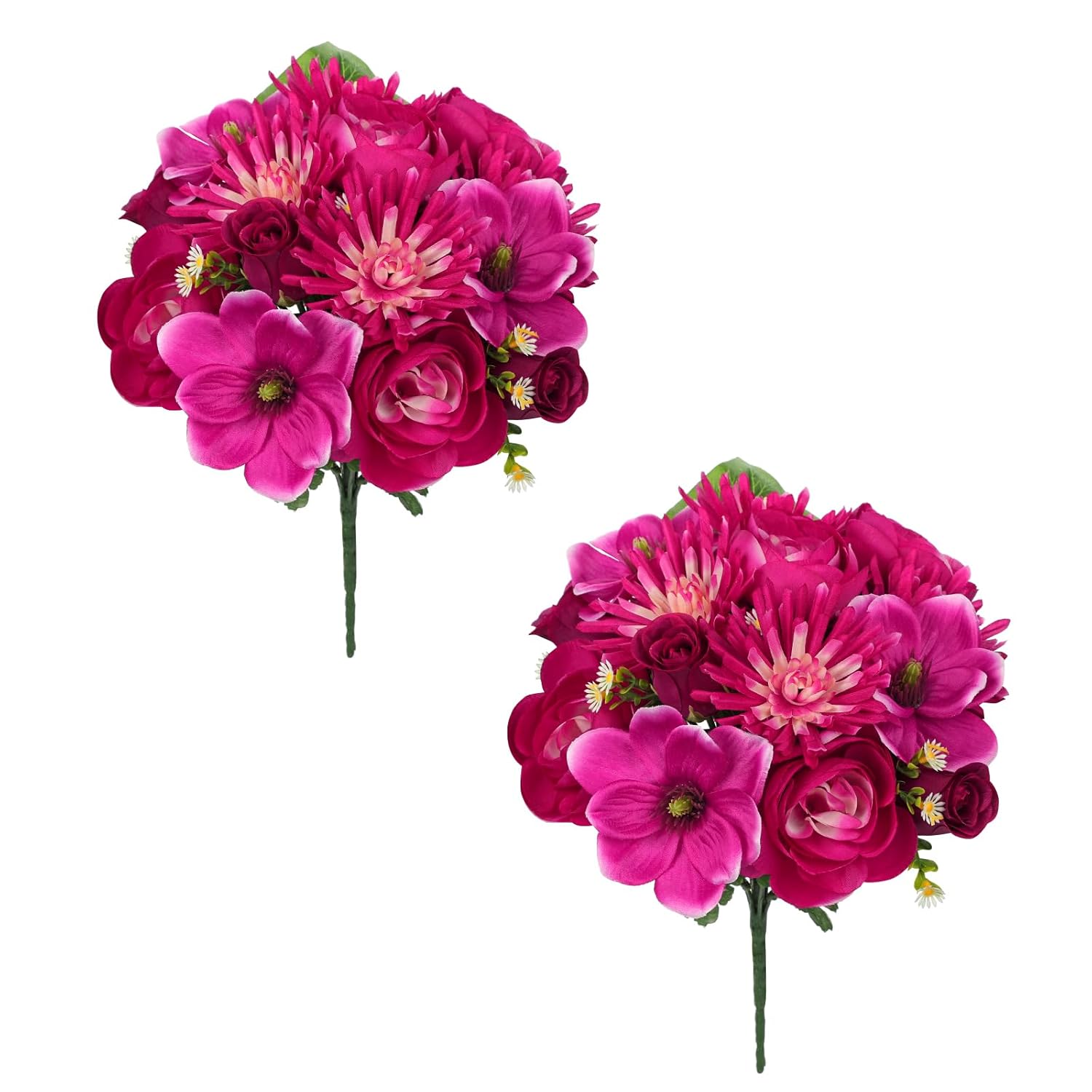 Artificial Flowers Bouquet - 2 Pack Hot Pink Faux Silk Floral Arrangement Fake Magnolia Chrysanthemum Rose Mixed Flower For Home Office Room Vase Memorial Cemetery Outdoor Decor