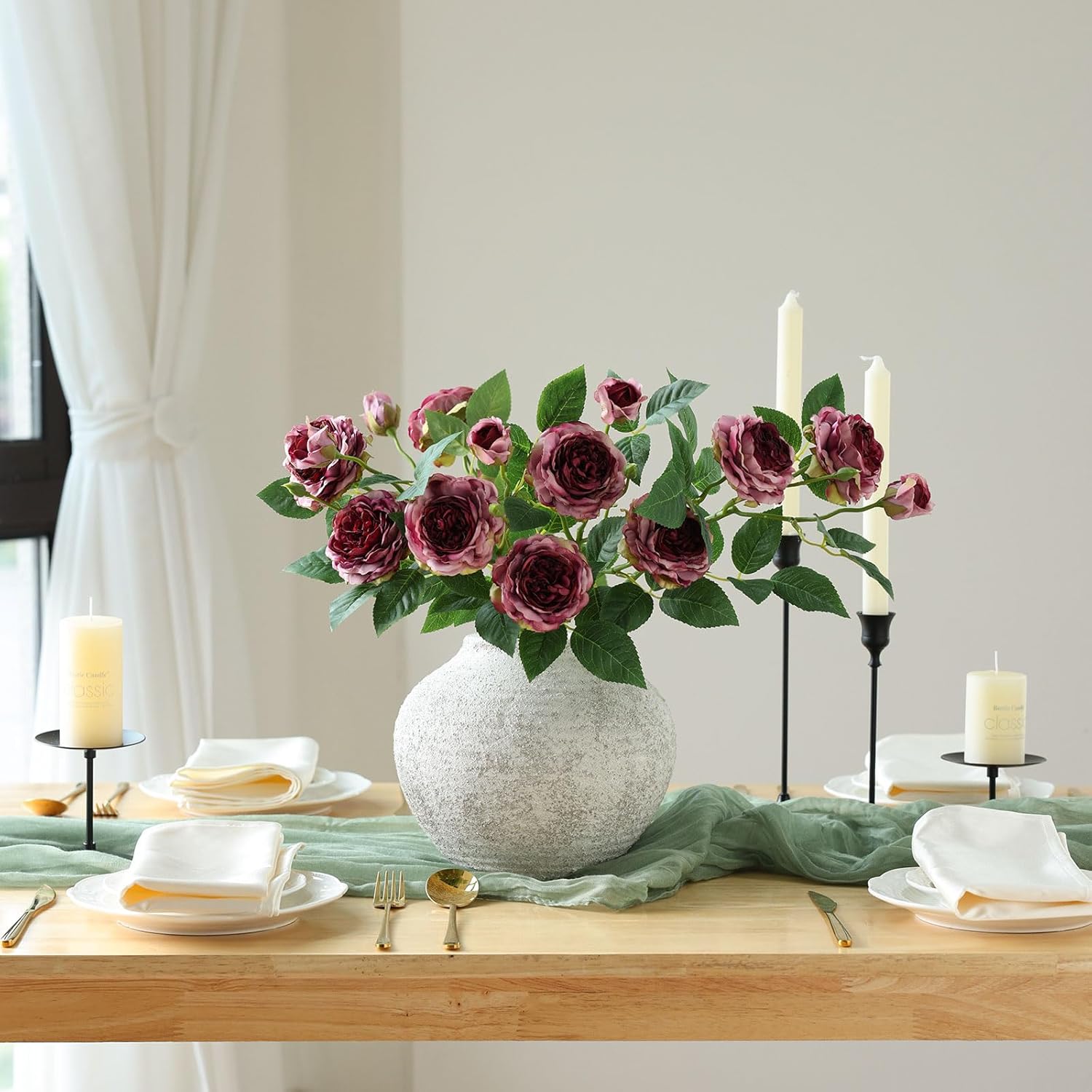 4Pcs Burgundy Artificial Roses Flowers Fake Silk Rose Flower With Leaves Stems Realistic Faux Floral Arrangement Decorations For Wedding Table Centerpieces Vase Home Decor (Burgundy)